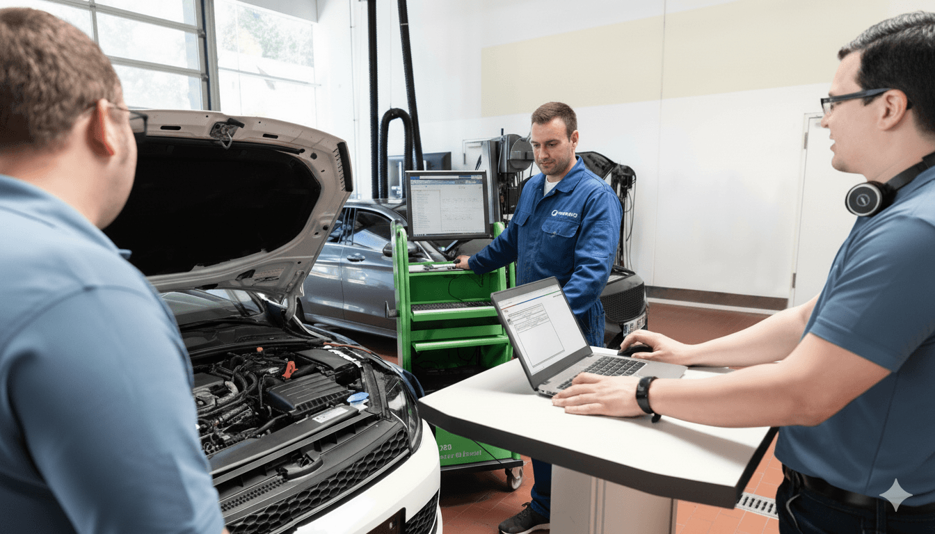Tre tecnici in officina con laptop durante sessione di formazione